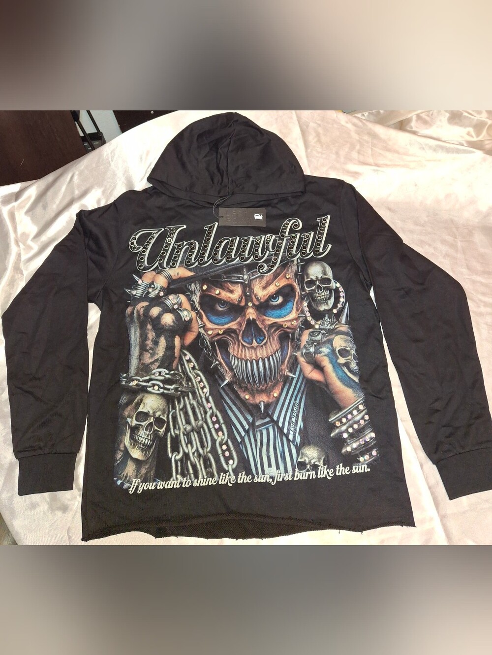 NWT Left Point "Unlawful" Rhinestone Skull Hoodie Black Streetwear Size Small